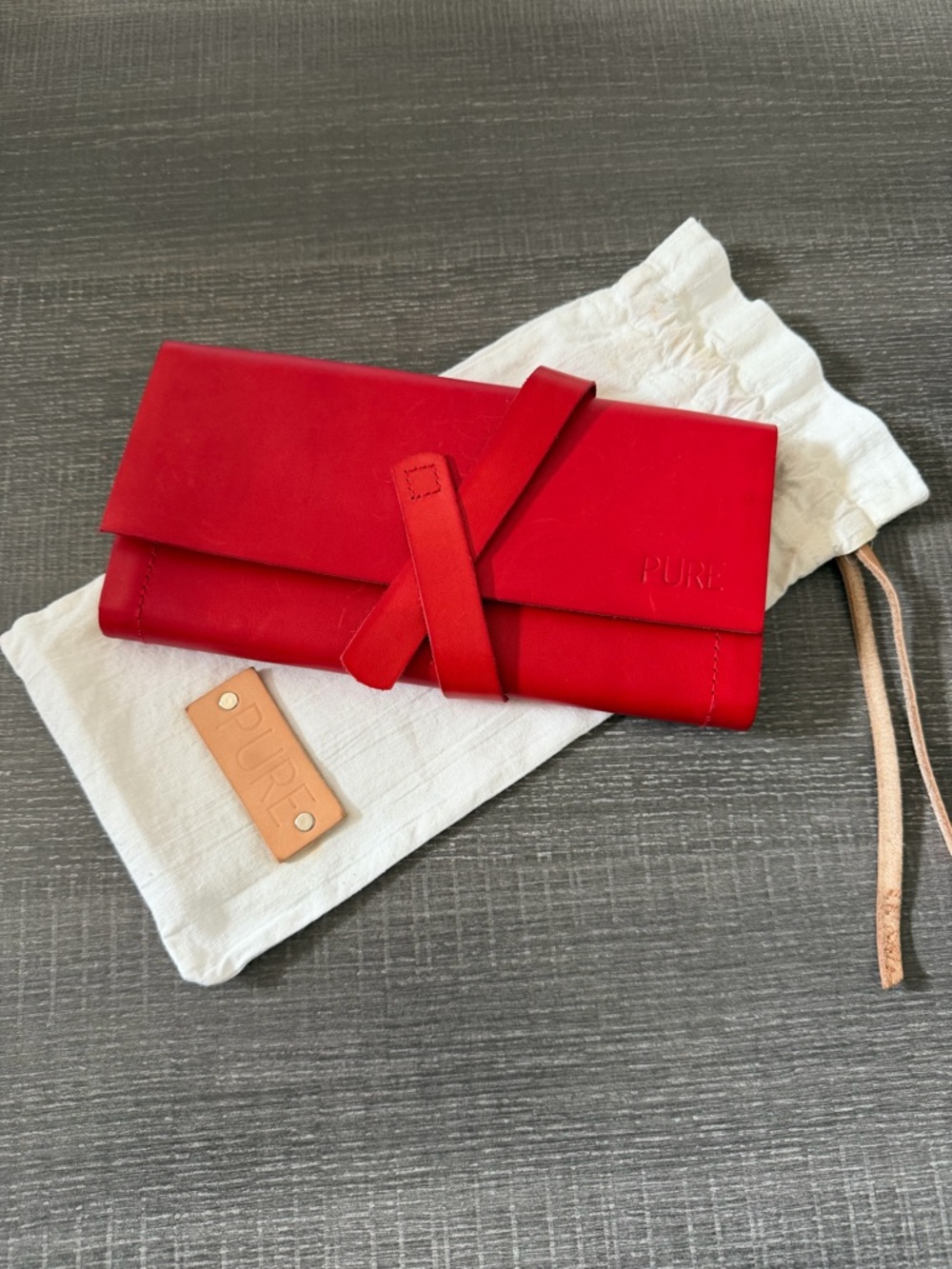 Pure Leather Studio Red Leather/Wood Long Wallet / Travel Case Tie Closure
